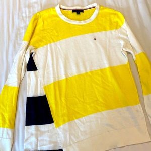 Tommy Hilfiger yellow and white striped crew neck sweater